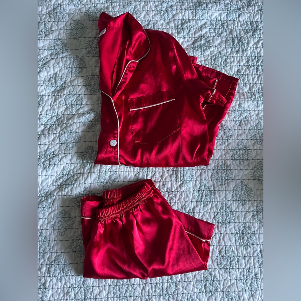 Women’s Satin Red Pajama Set with Contrast Piping